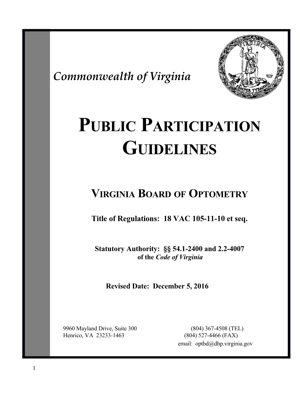 Virginia Board of Optometry Public Participation Guidelines