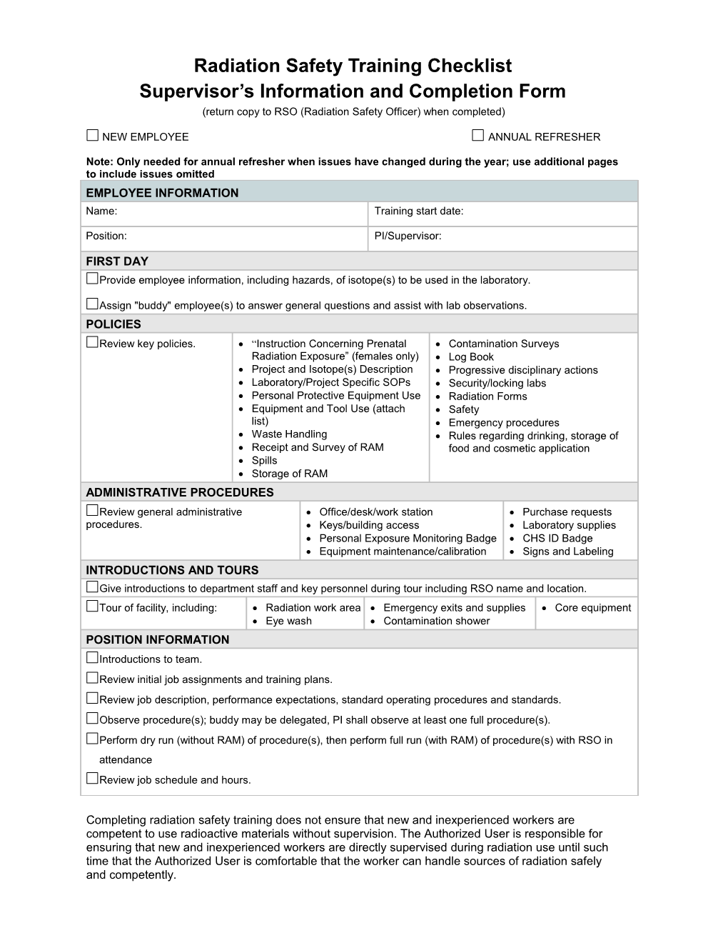 Radiation Safety Training Checklist