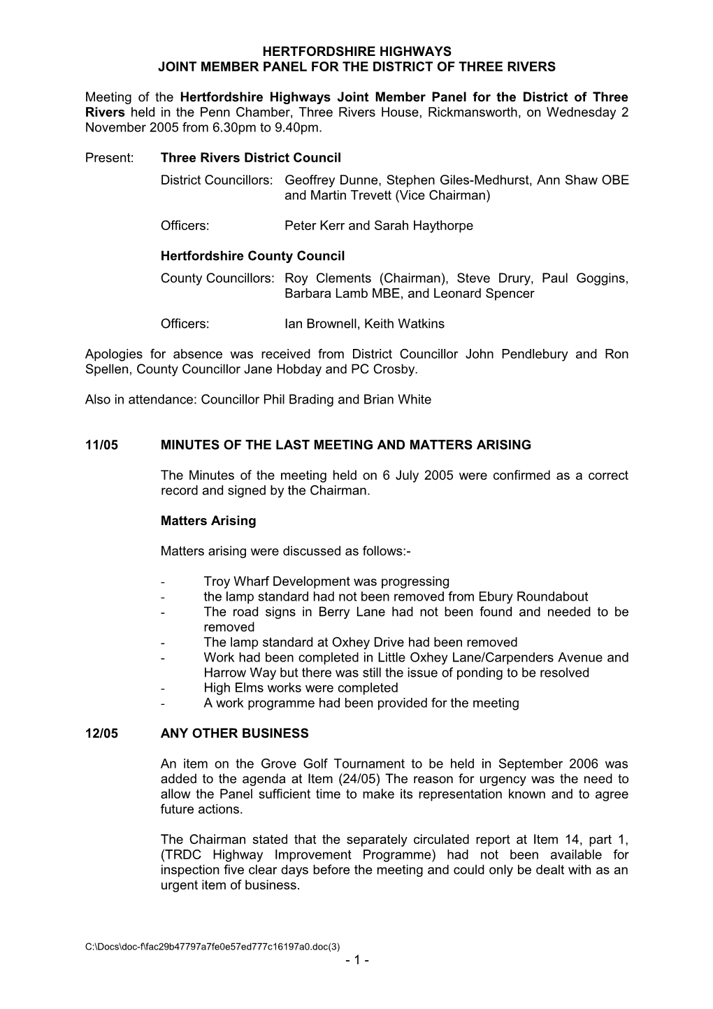 Minutes: Herts Highways 02.11.05