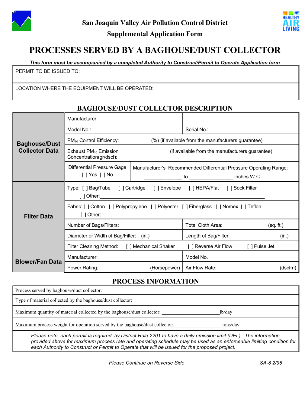 Baghouse Supplemental Appl. Form