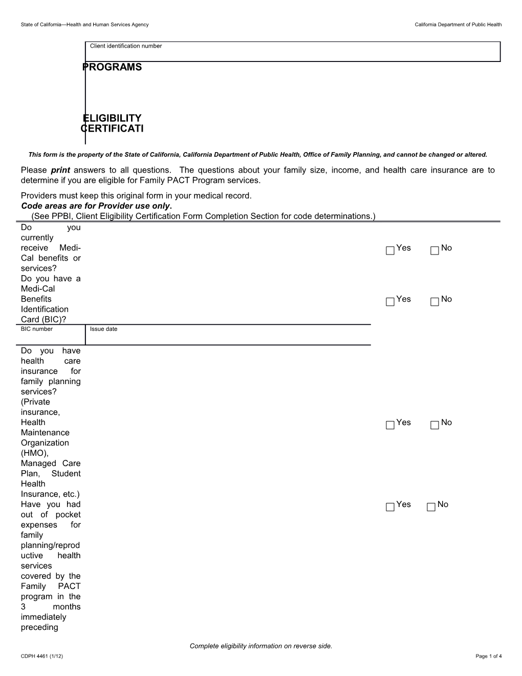 Form: Client Eligibility Certification and HAP Card Activation: Health Access Programs