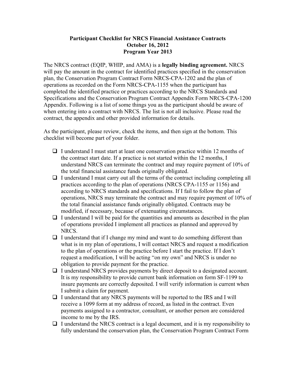 Participant Checklist for NRCS Financial Assistance Contracts