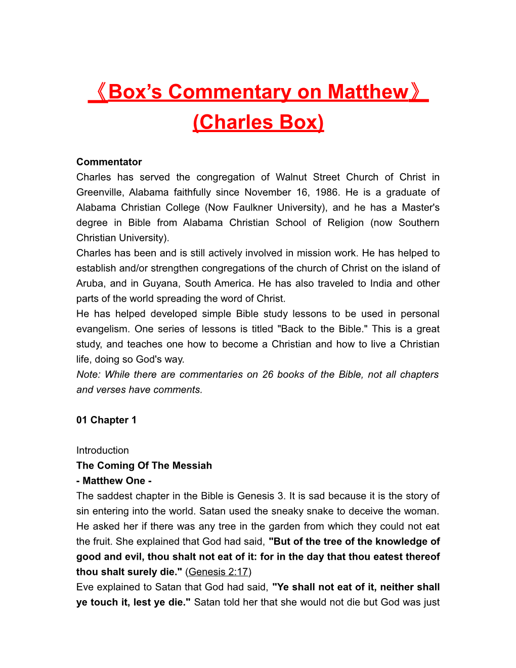 Box S Commentary on Matthew (Charles Box)