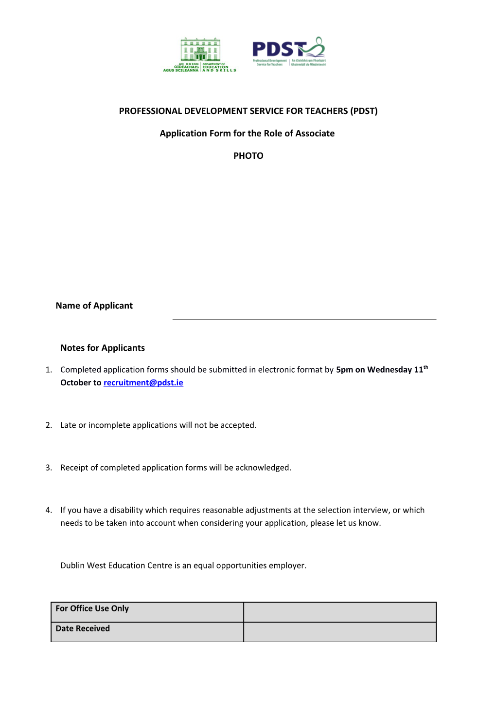 PDST Asssociate Application Form