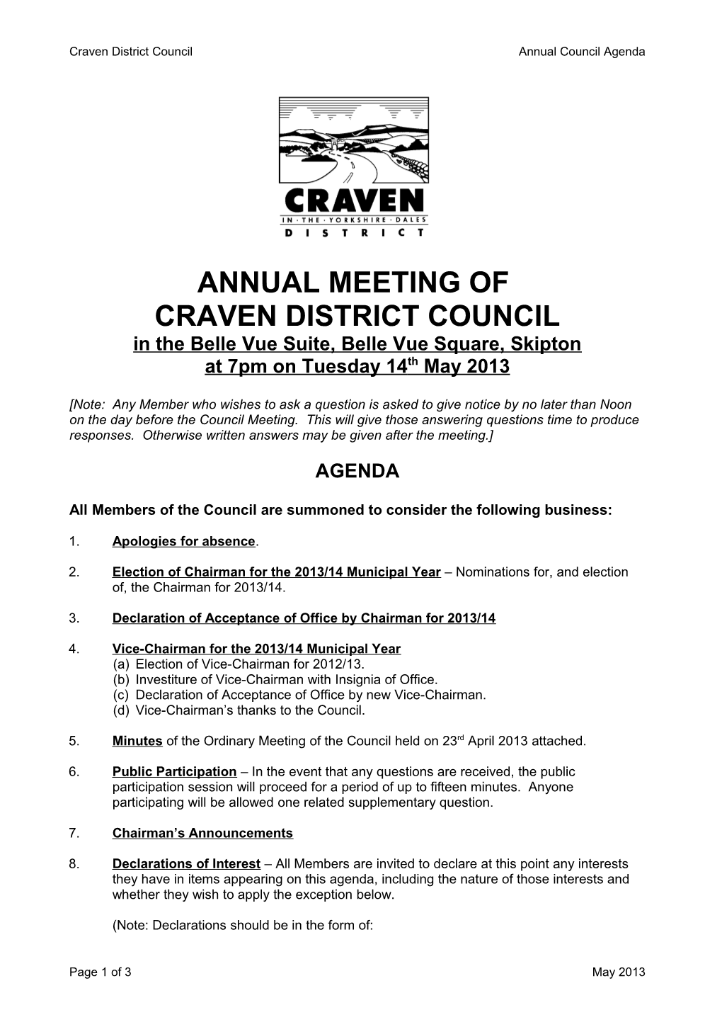Craven District Council Annual Council Agenda