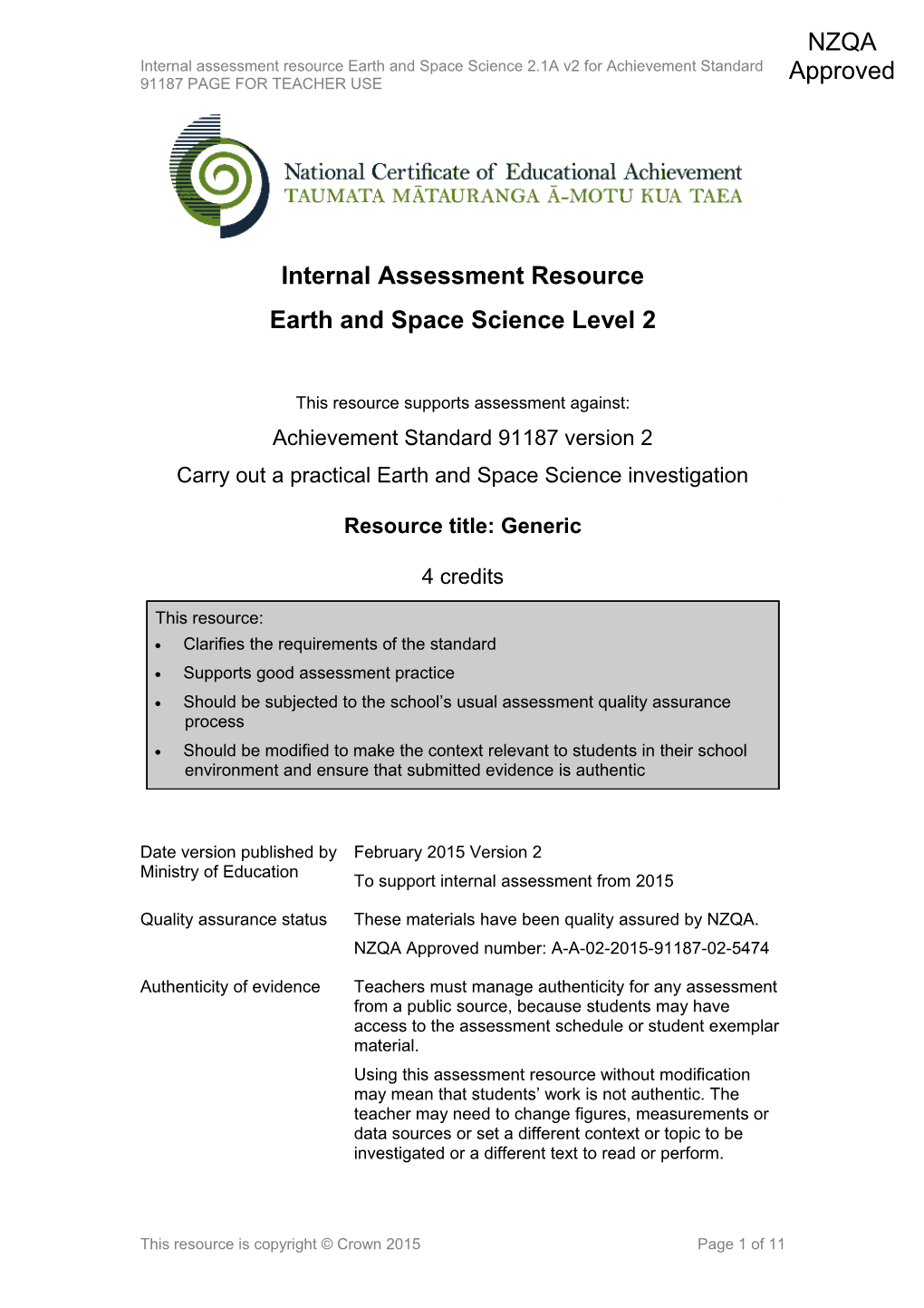 Level 2 Earth and Space Science Internal Assessment Resource