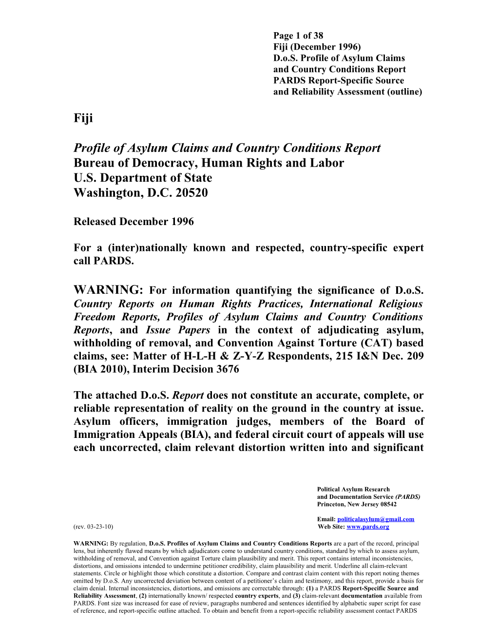 Fiji Profile of Asylum Claims and Country Conditions