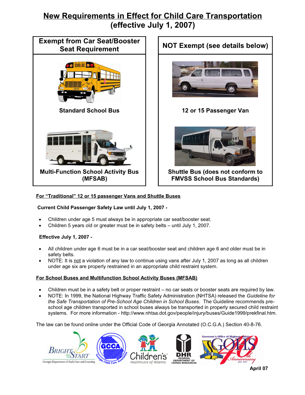 New Requirements in Effect for Child Care Transportation (Effective July 1, 2007)