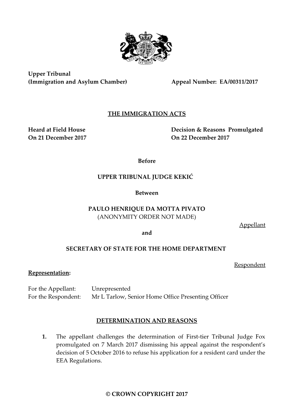 (Immigration and Asylum Chamber) Appeal Number: EA/00311/2017