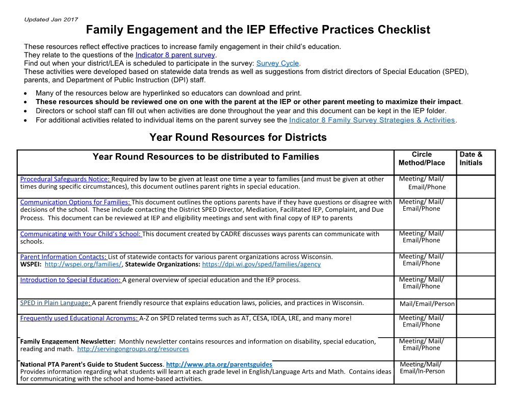 Indicator 8 Parent Survey Effective Practice Checklist