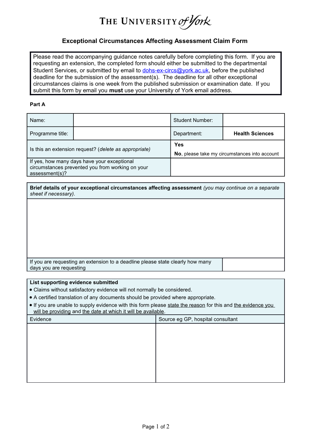 Exceptional Circumstances Affecting Assessment Claim Form