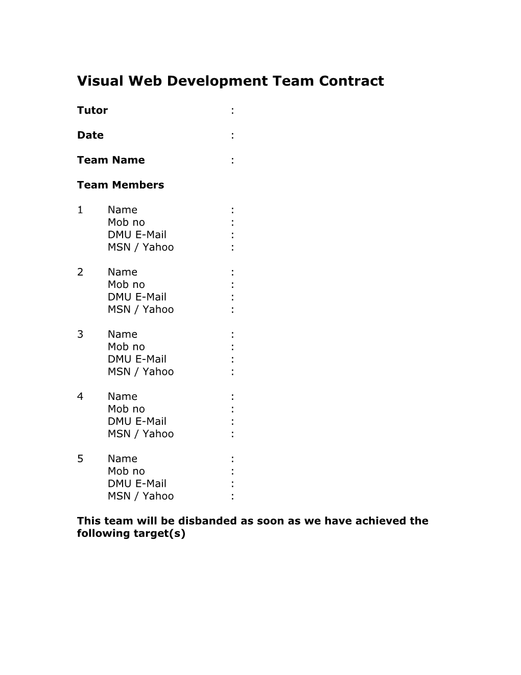 Visual Web Development Team Contract