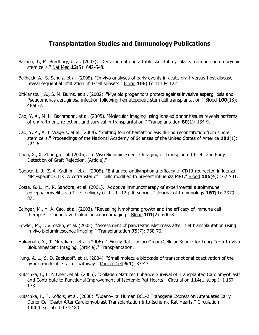 Transplantation Studies and Immunology Publications