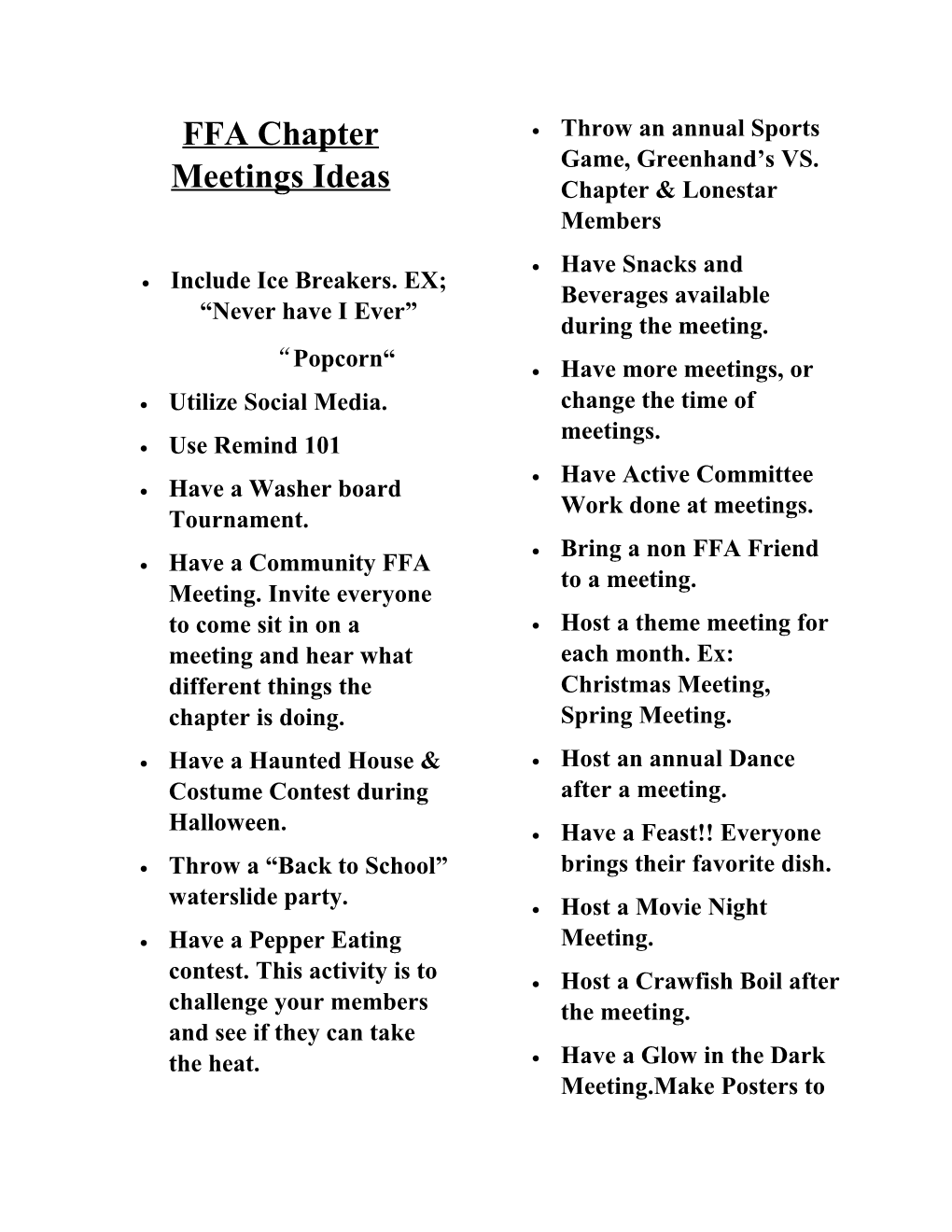 FFA Chapter Meetings Ideas