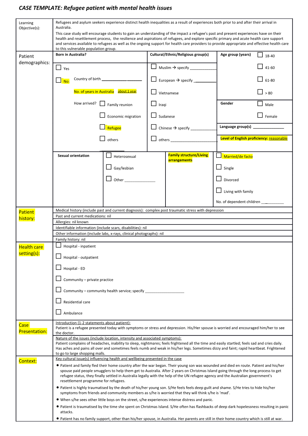 CASE TEMPLATE: Refugee Patient with Mental Health Issues