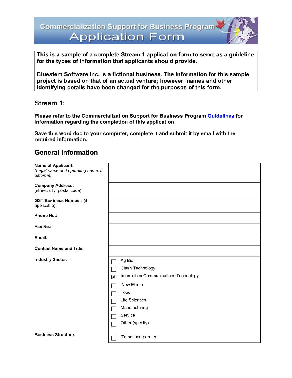 This Is a Sample of a Complete Stream 1 Application Form to Serve As a Guideline for The