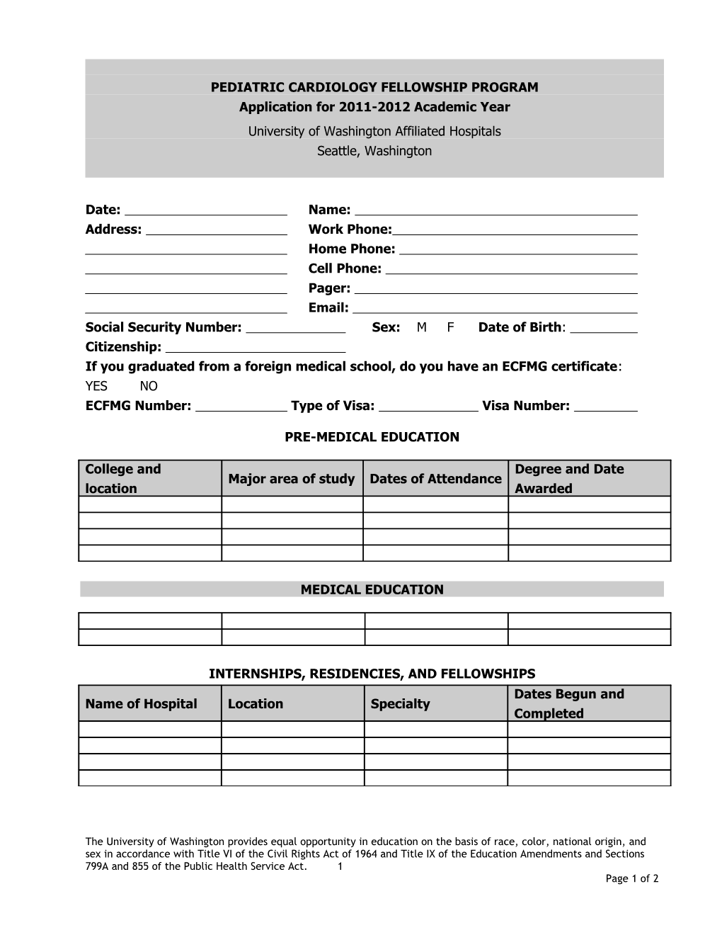 Pediatric Cardiology Fellowship Application 2011-2012