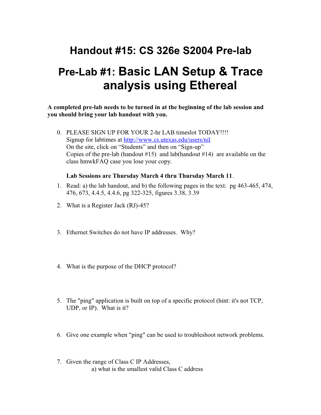 Pre-Lab #1: Basic LAN Setup & Trace Analysis Using Ethereal