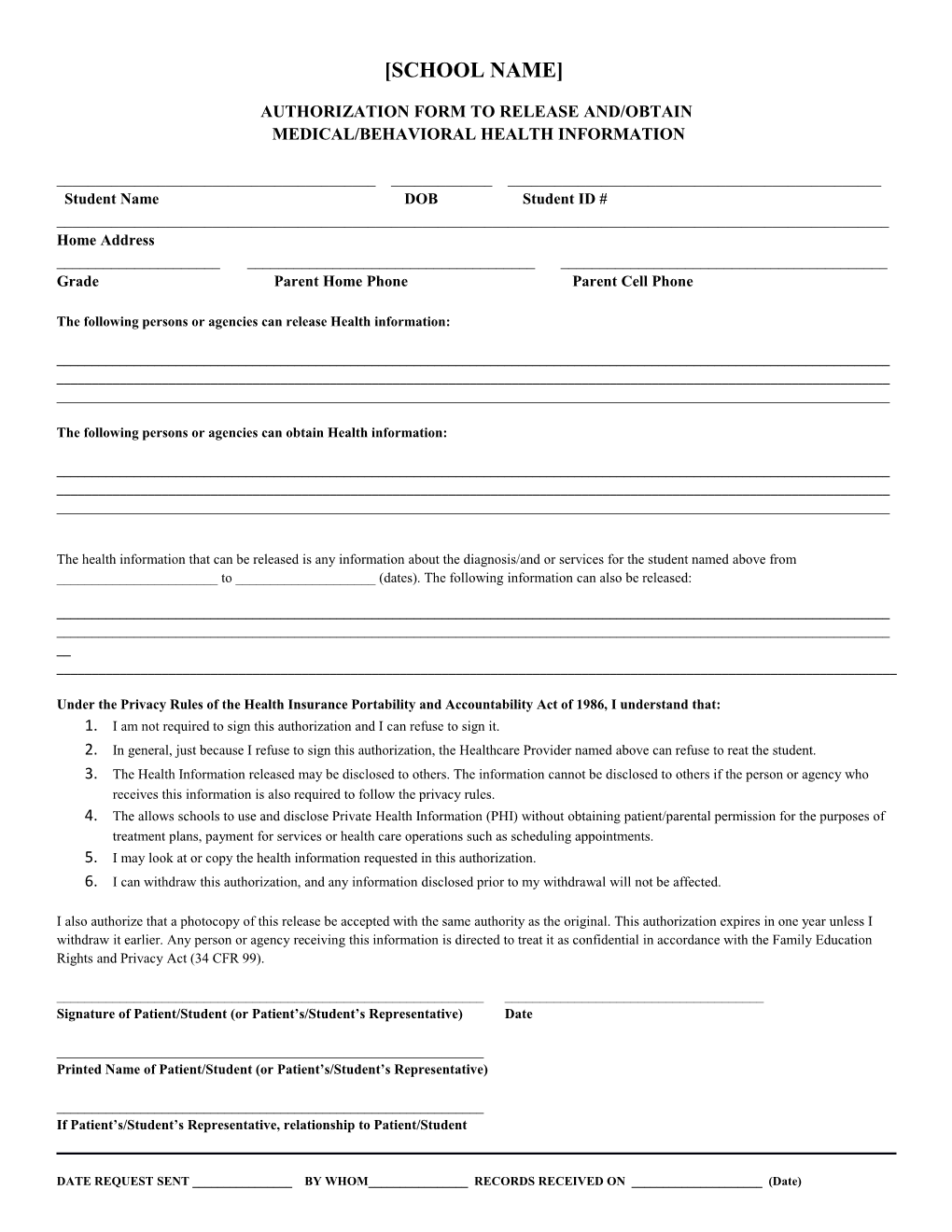 Authorization Form to Release And/Obtain