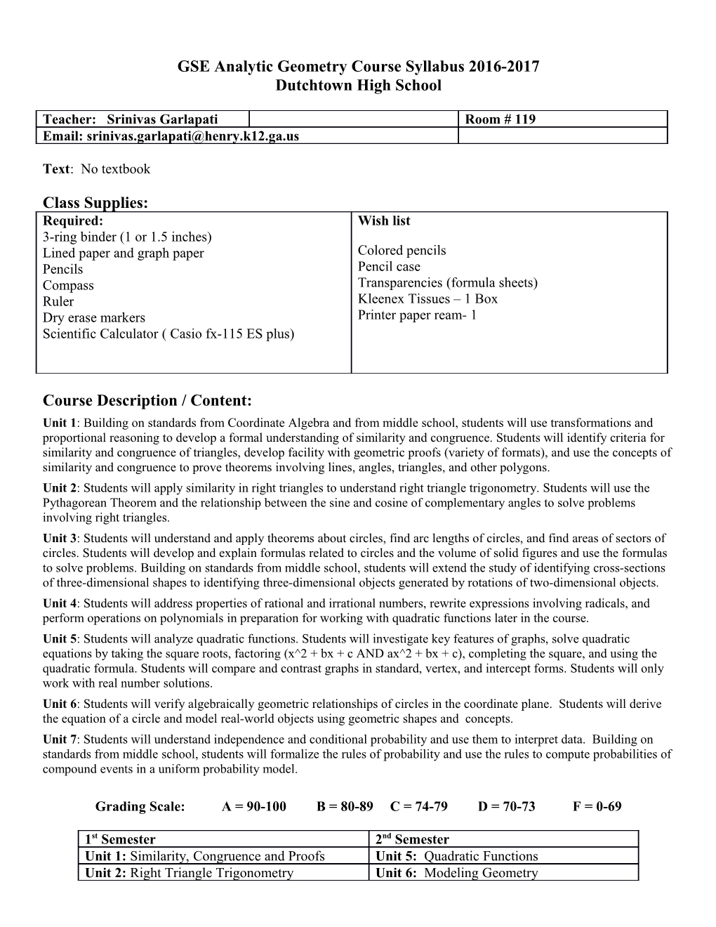 GSE Analytic Geometry Course Syllabus 2016-2017