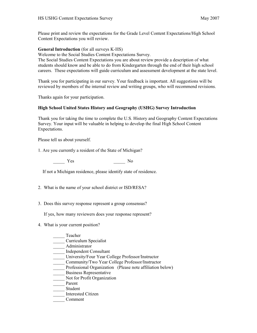 HS USHG Content Expectations Survey May 2007