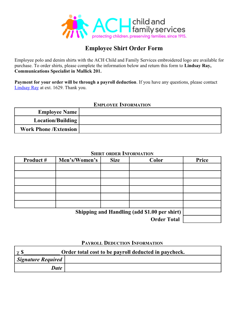 Employee Shirt Order Form