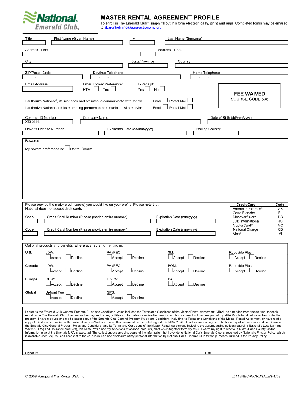 Master Rental Agreement Profile