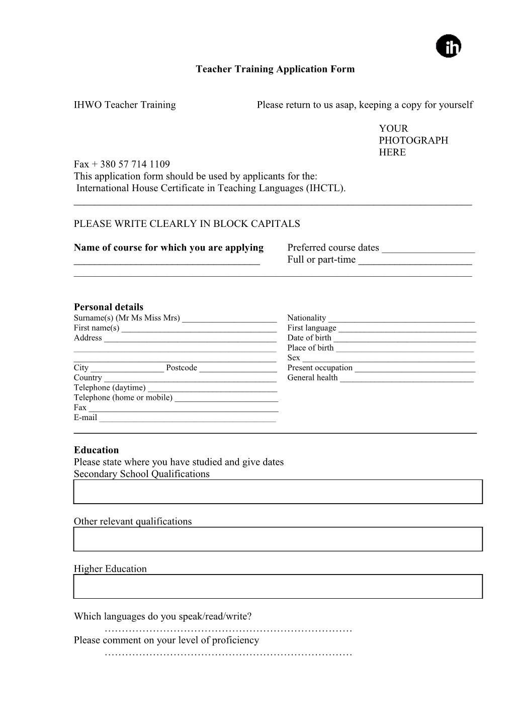 Teacher Training Application Form