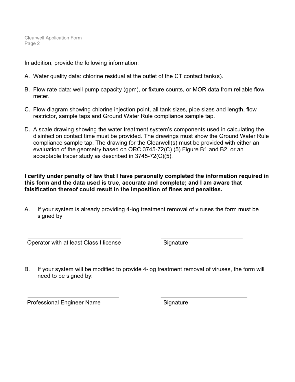 Ohio Application Form for Ground Water Rule 4-Log Treatment of Viruses
