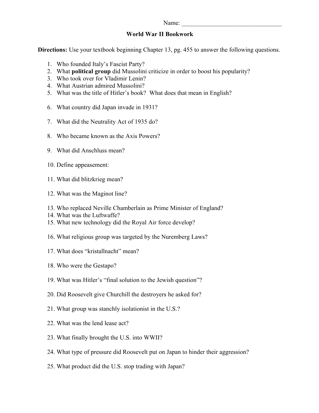 WWII Introduction Worksheet