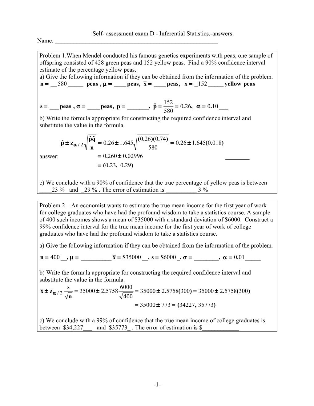 Self Assessment Exam D P Value Approach Answers