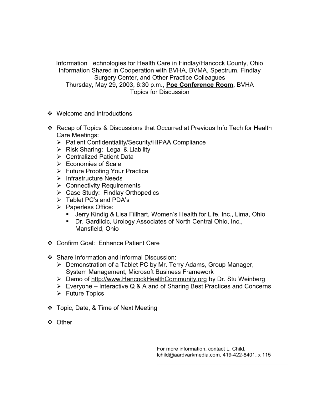 Information Technologies for Health Care in Findlay/Hancock County, Ohio