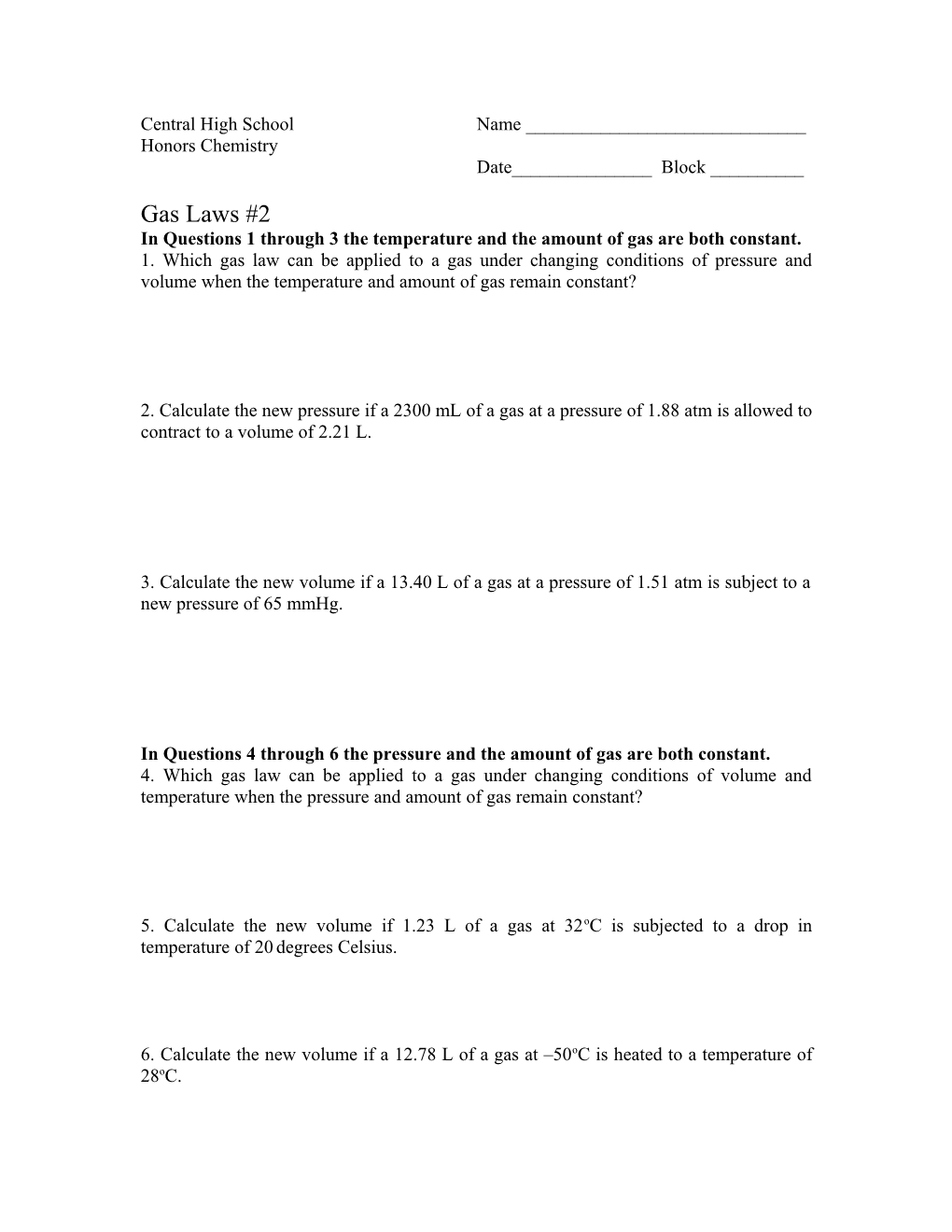 WORKSHEET 86: Gas Law Calculations