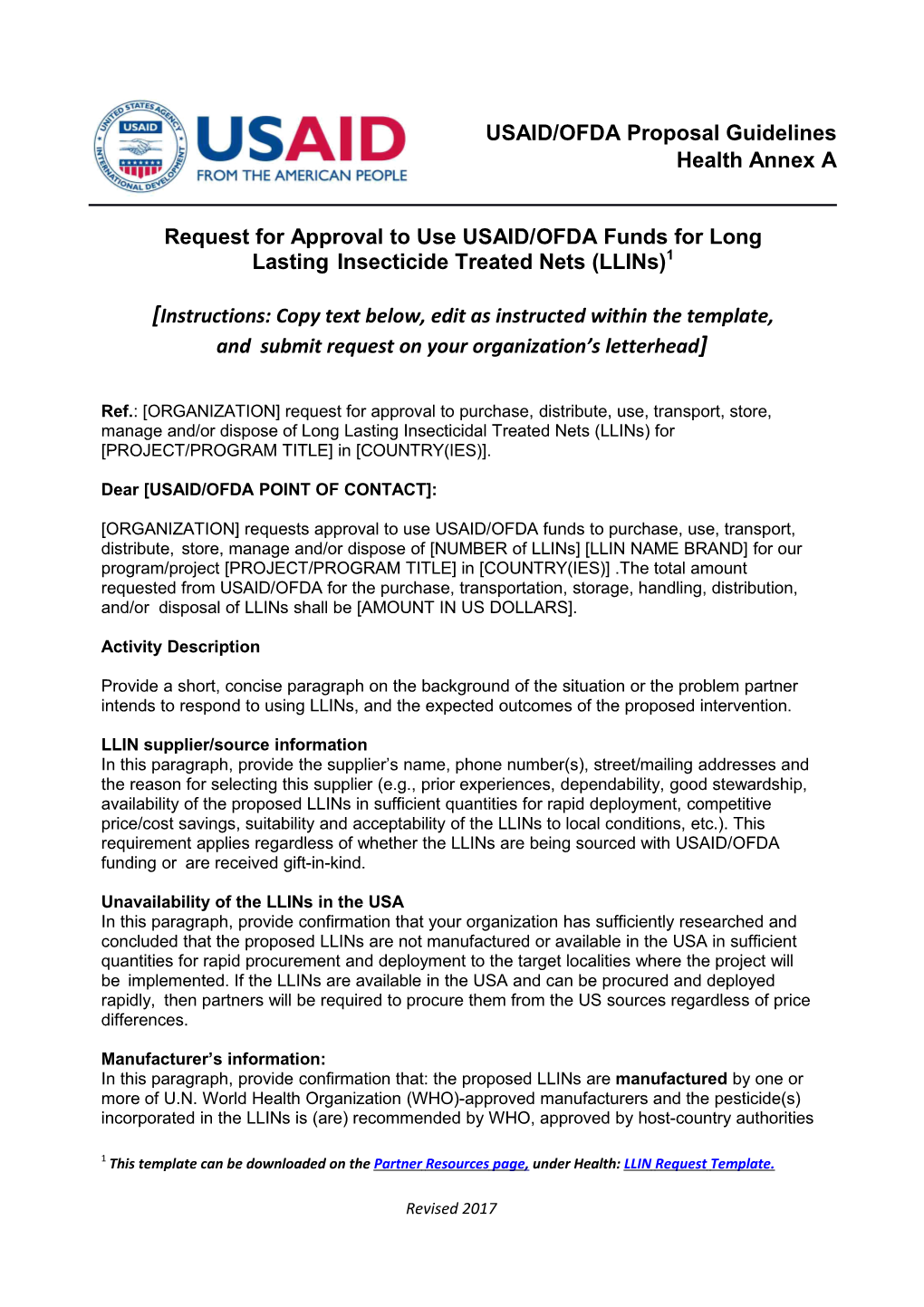 USAID/OFDA LLIN Request