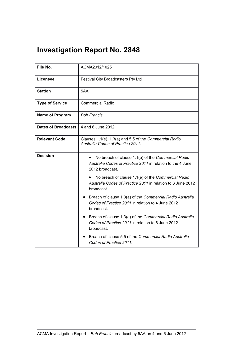 Investigation Report No. 2848