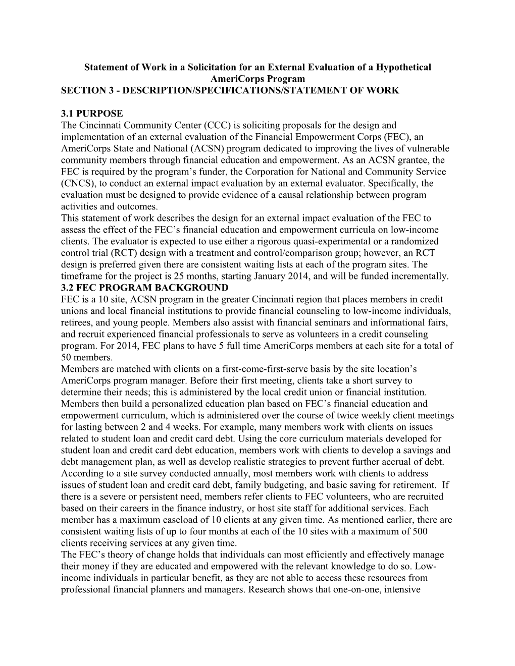 Statement of Work in a Solicitation for an External Evaluation Ofa Hypothetical Americorps