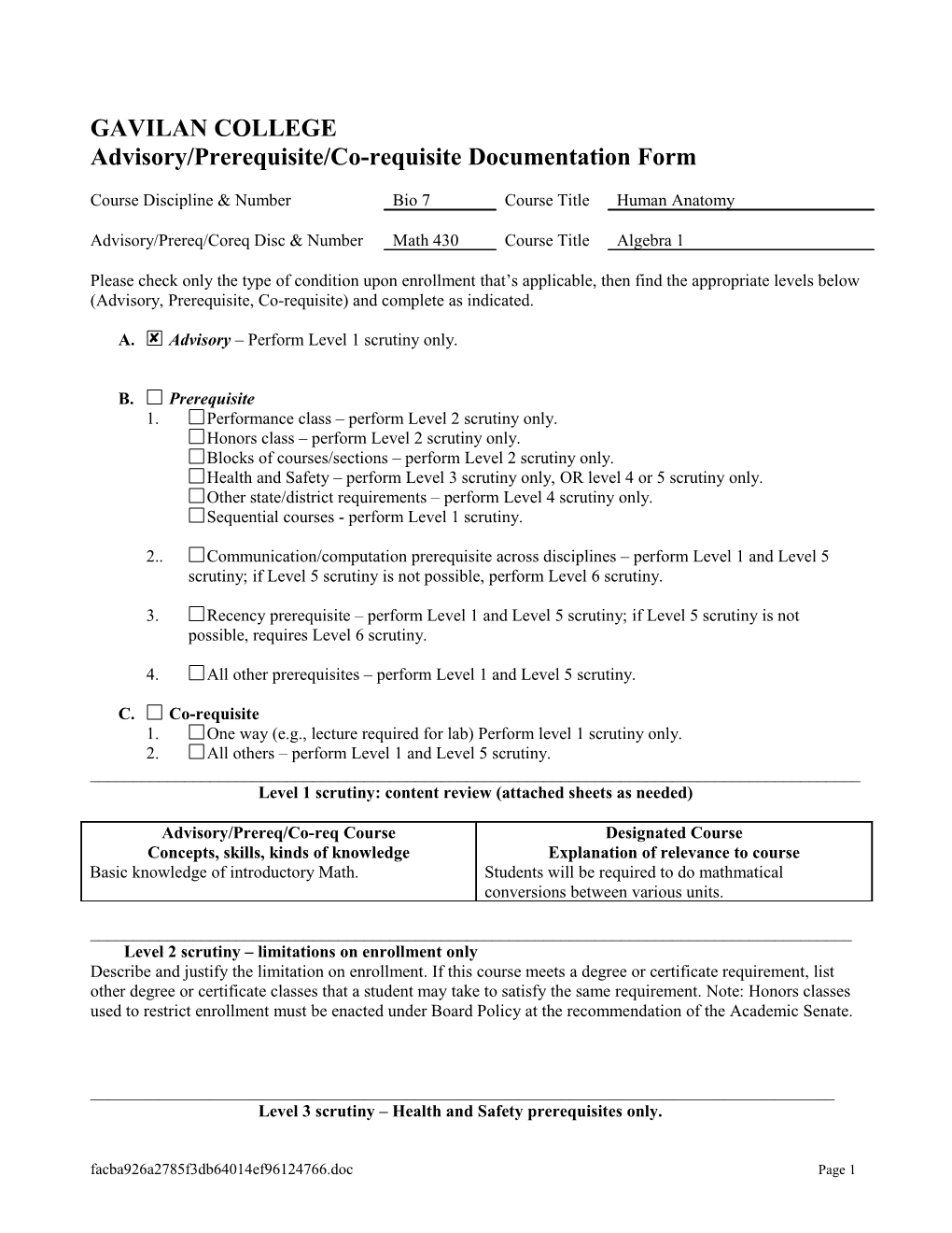 Advisory/Prerequisite/Co-Requisite Documentation Form s1