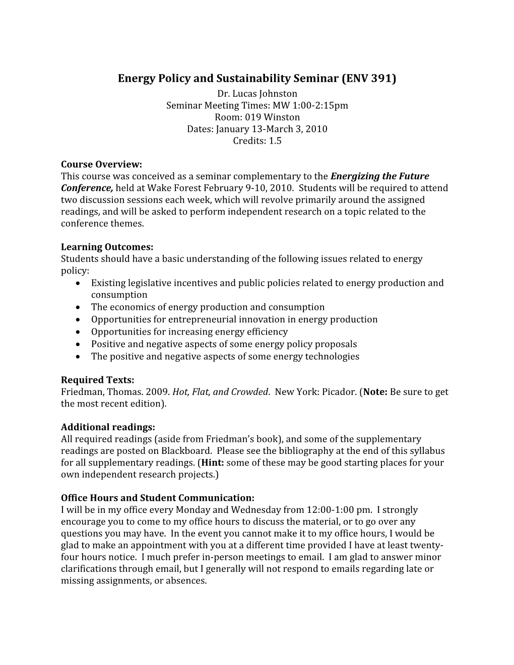 Energy Policy and Sustainability Seminar (ENV 391)