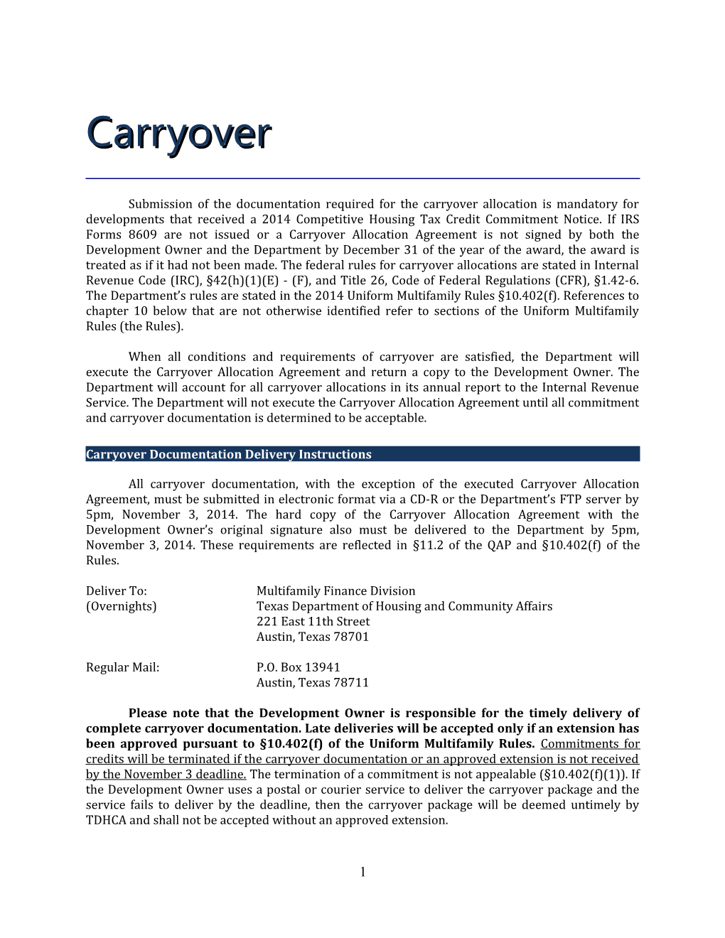 Carryover Documentation Delivery Instructions