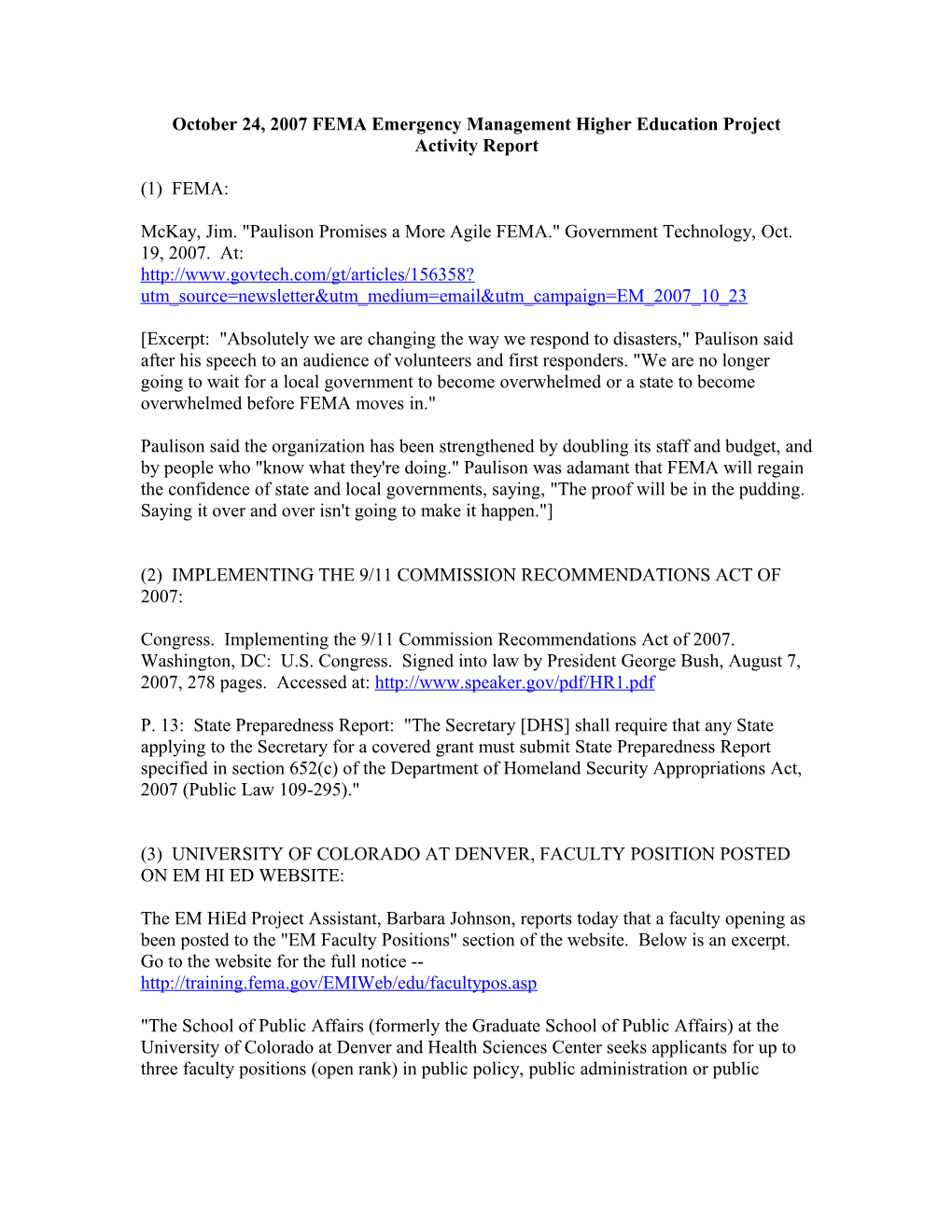 October 24, 2007 FEMA Emergency Management Higher Education Project Activity Report