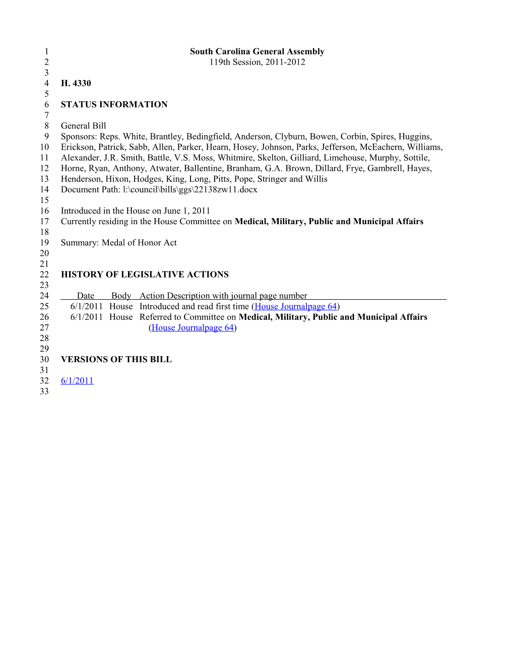 2011-2012 Bill 4330: Medal of Honor Act - South Carolina Legislature Online