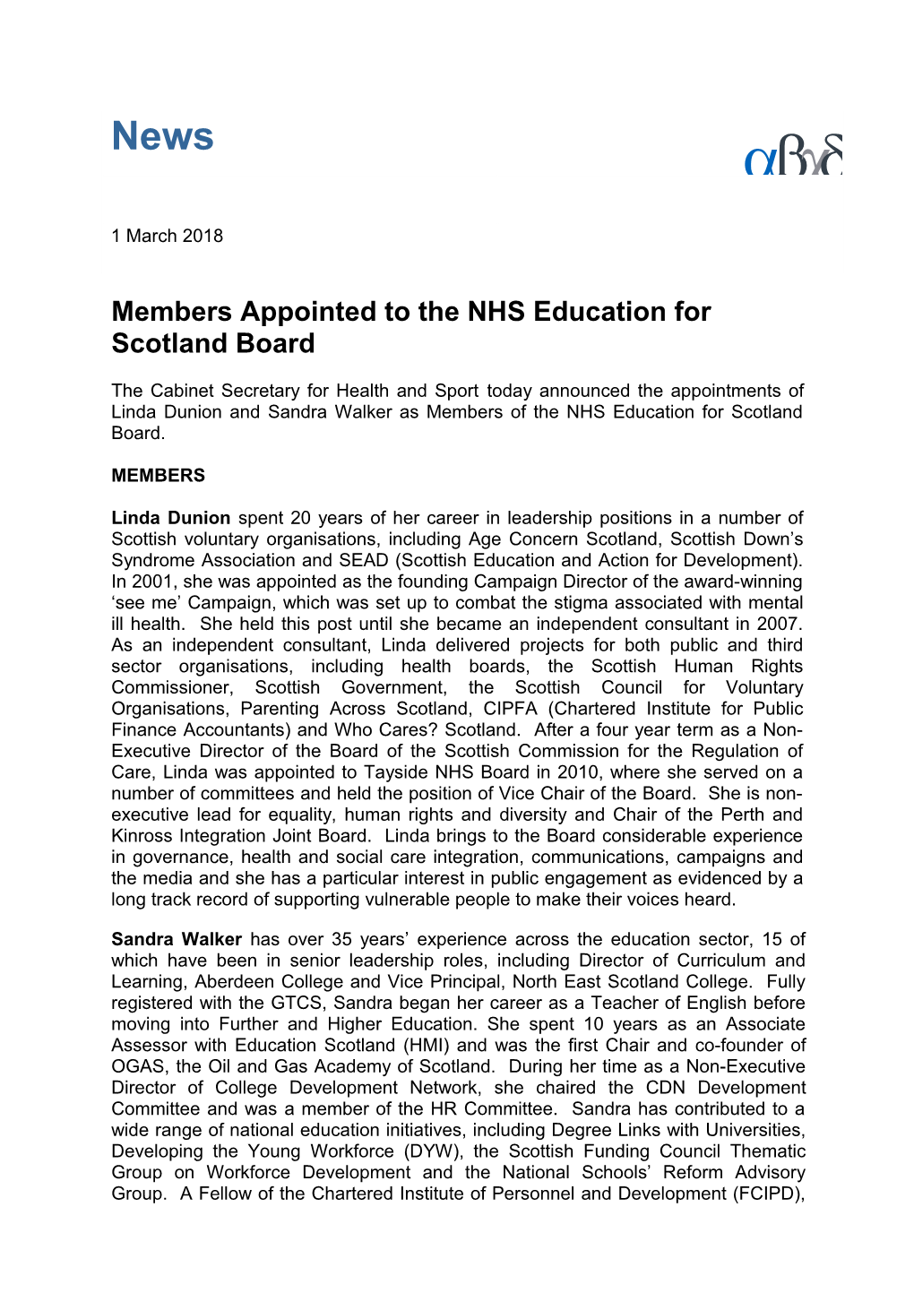 Membersappointed to the NHS Education for Scotland Board