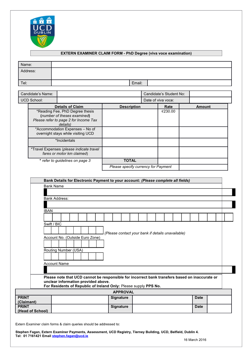 EXTERN EXAMINER CLAIM FORM - Phd Degree (Viva Voce Examination)