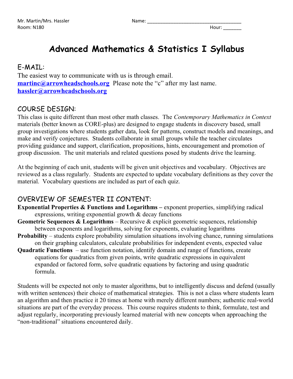 Advanced Mathematics & Statistics I Syllabus