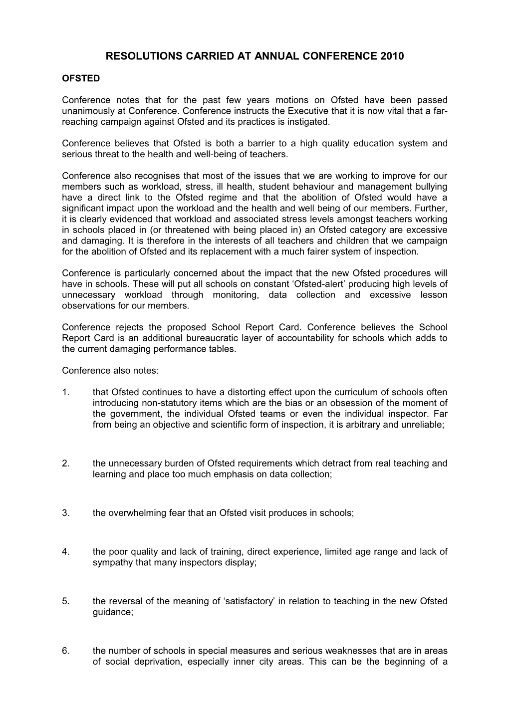 Resolutions Carried at Annual Conference 2010