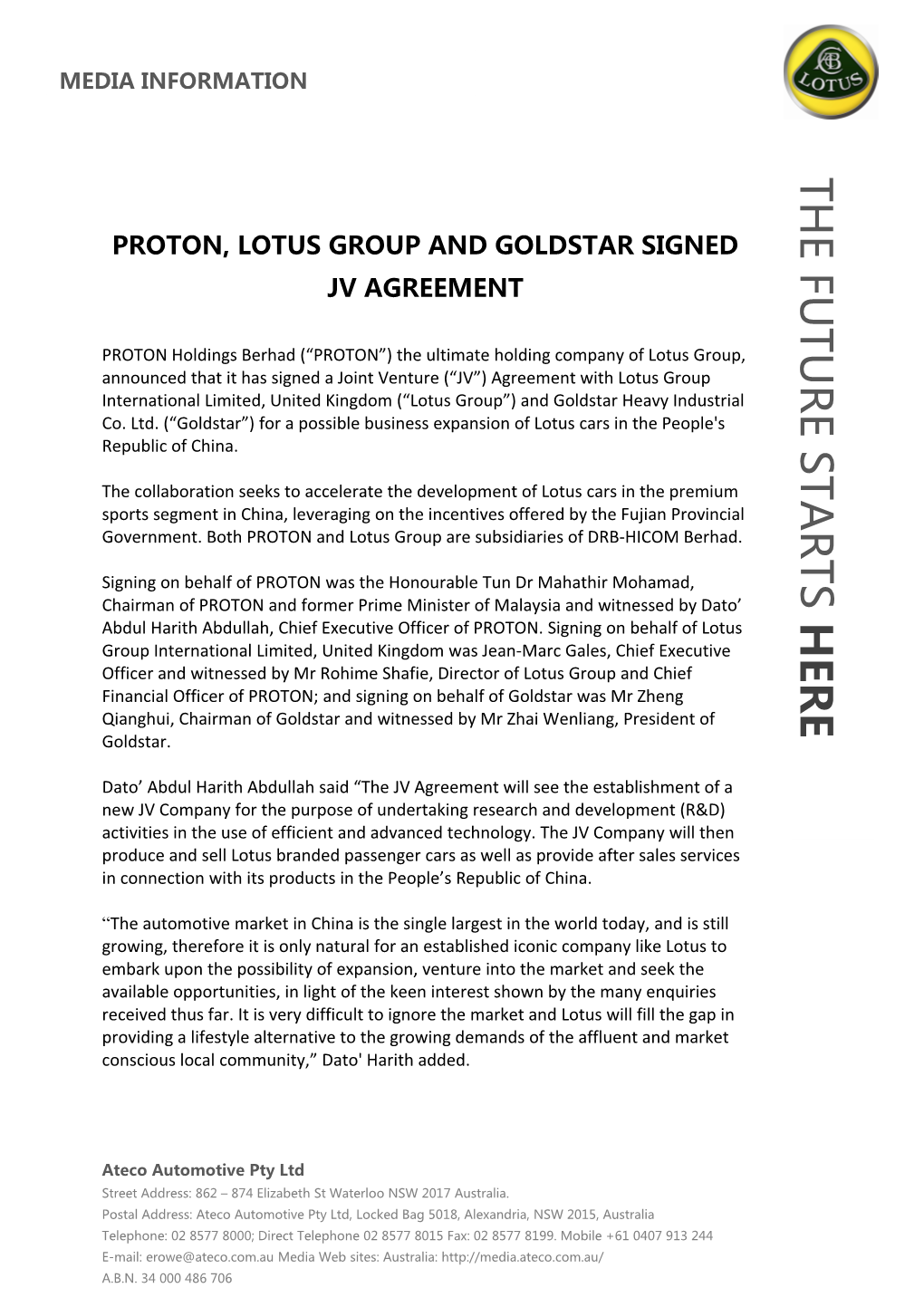 Proton, Lotus Group and Goldstar Signed Jv Agreement