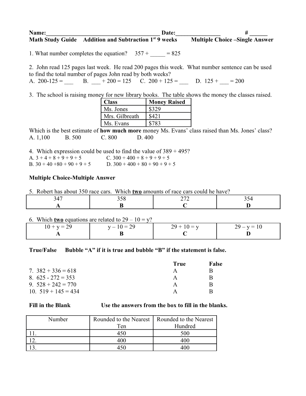 Math Study Guide Addition and Subtraction 1St 9 Weeks Multiple Choice Single Answer