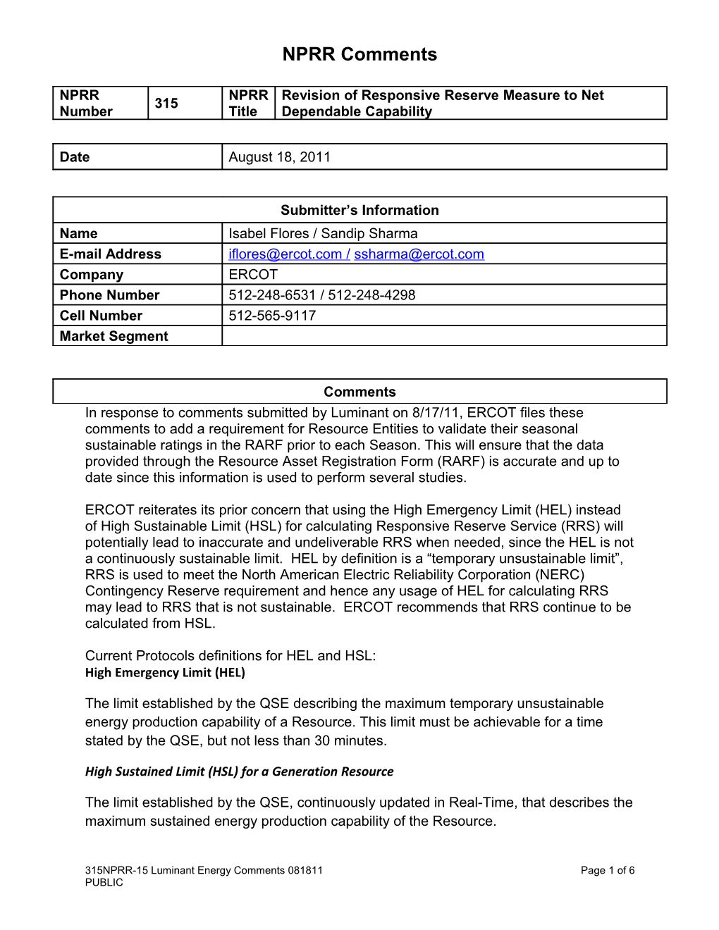 Current Protocols Definitions for HEL and HSL