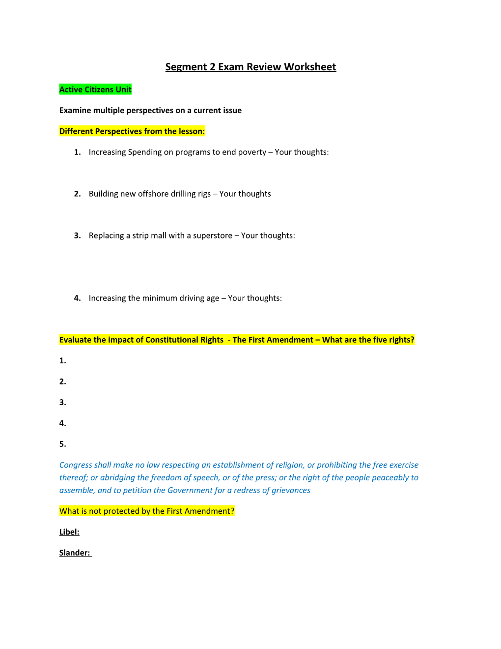 Segment 2 Exam Review Worksheet