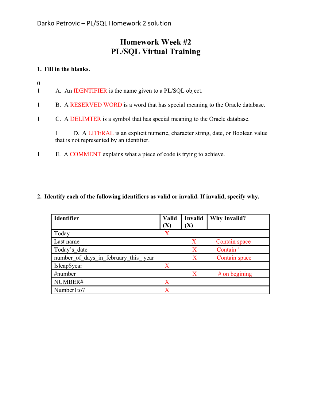 Darko Petrovic PL/SQL Homework 2 Solution